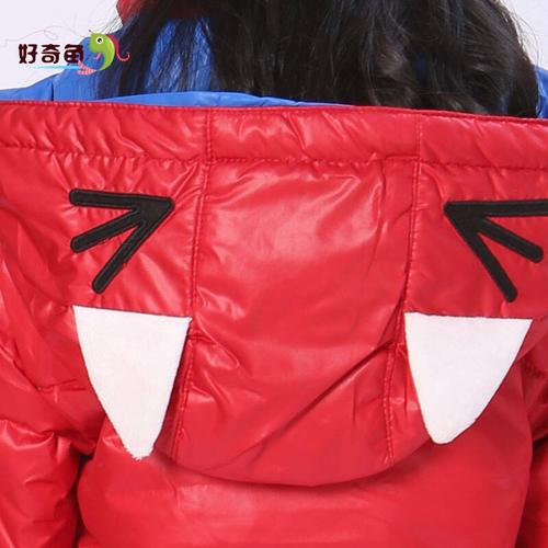 好奇鱼岸玲公子新款男童女童同款可爱儿童害羞猫中长款羽绒服1309 红